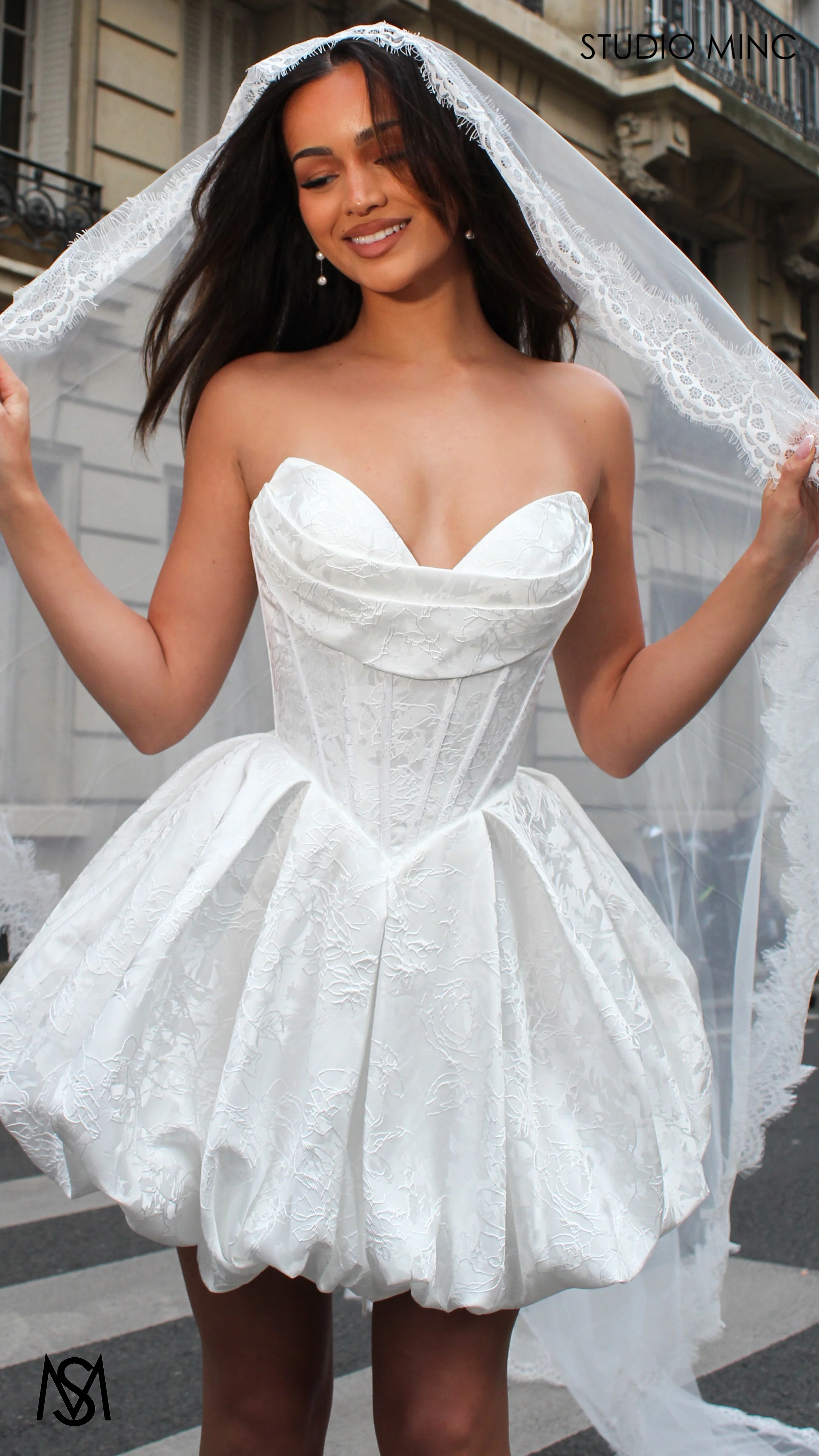 Posie Mini - White Bridal Mini Dress | Corset basque waist, floral embossed Satin Bubble Party Dress - Image 6