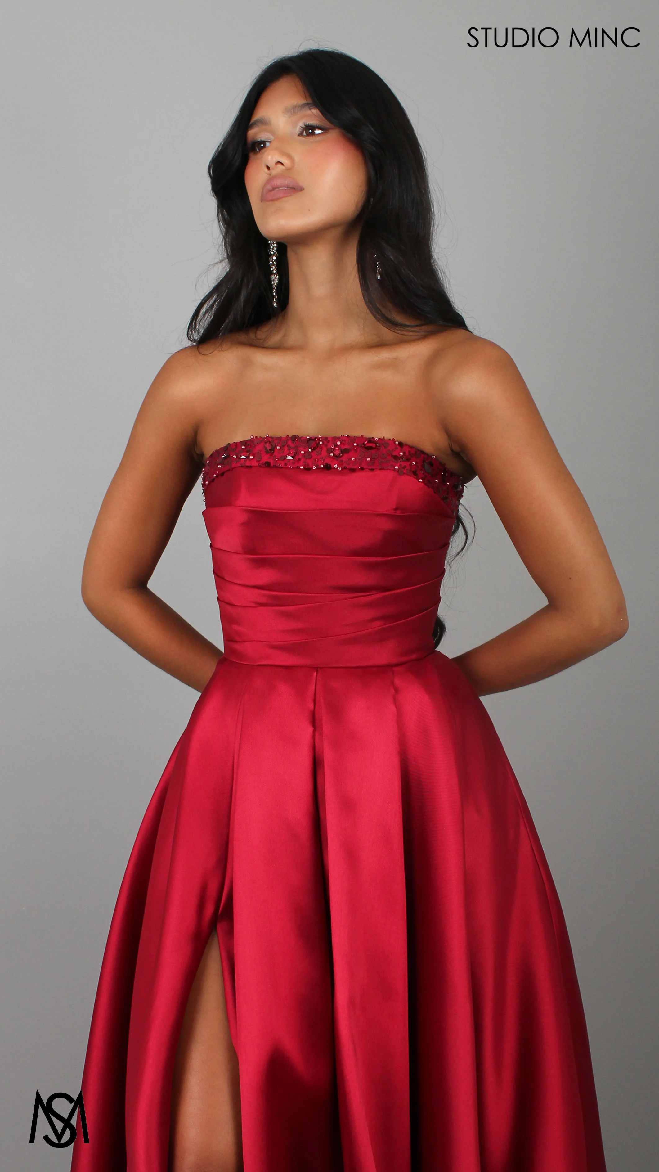 Raven - Cherry Red Formal Dress, Strapless Corset Pleated bodice, embellished neckline Satin Mikado Gown - Image 3