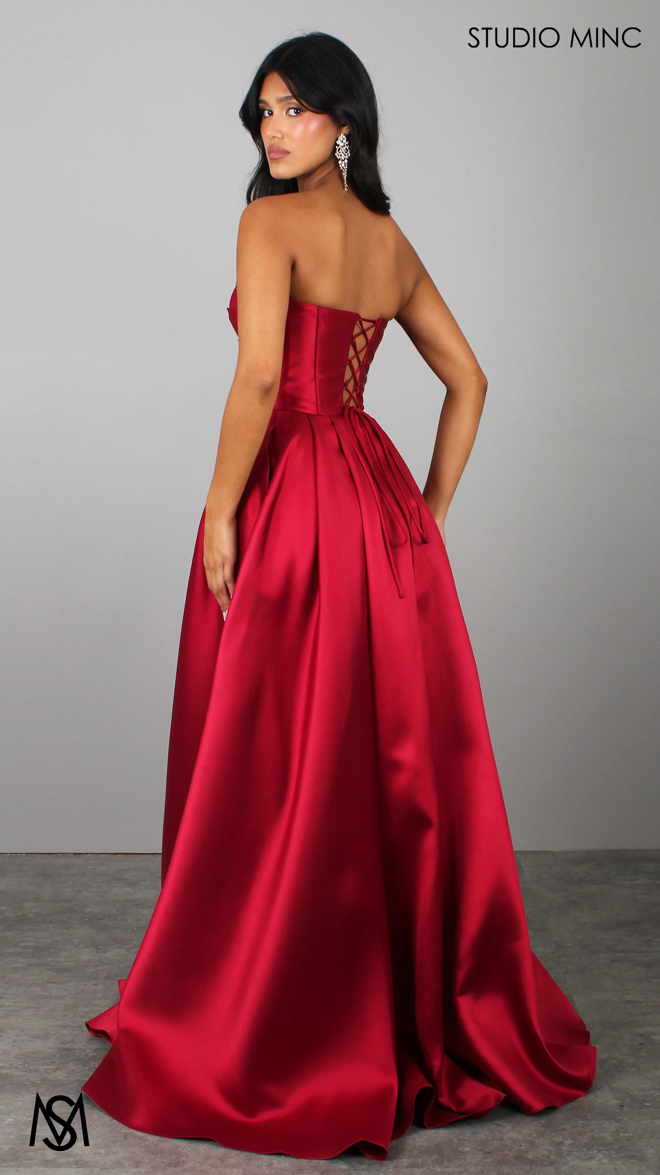 Raven - Cherry Red Formal Dress, Strapless Corset Pleated bodice, embellished neckline Satin Mikado Gown - Image 4