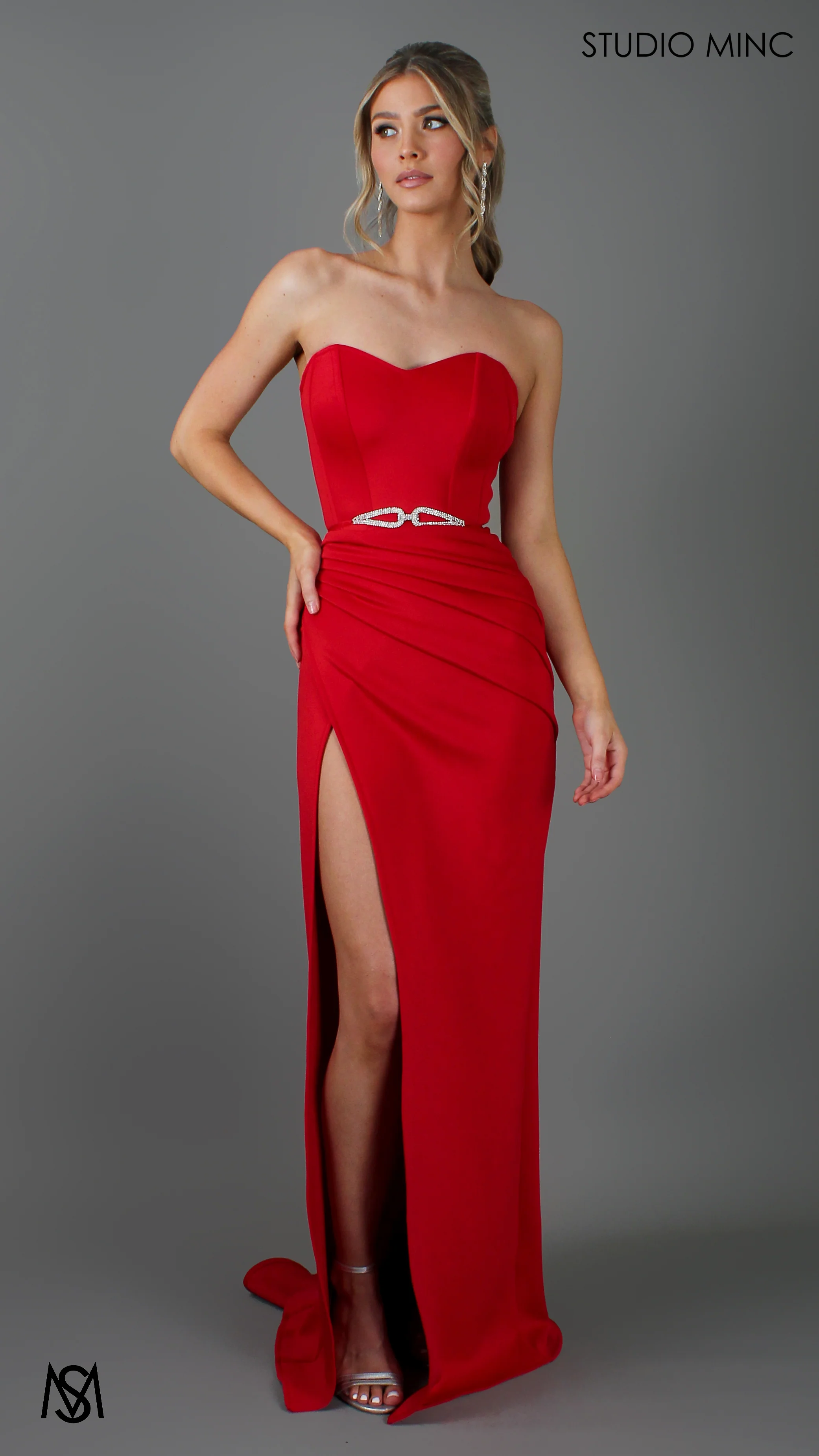 EGO - Red Strapless Formal Dress with Leg Split and Corset Bodice - Image 5