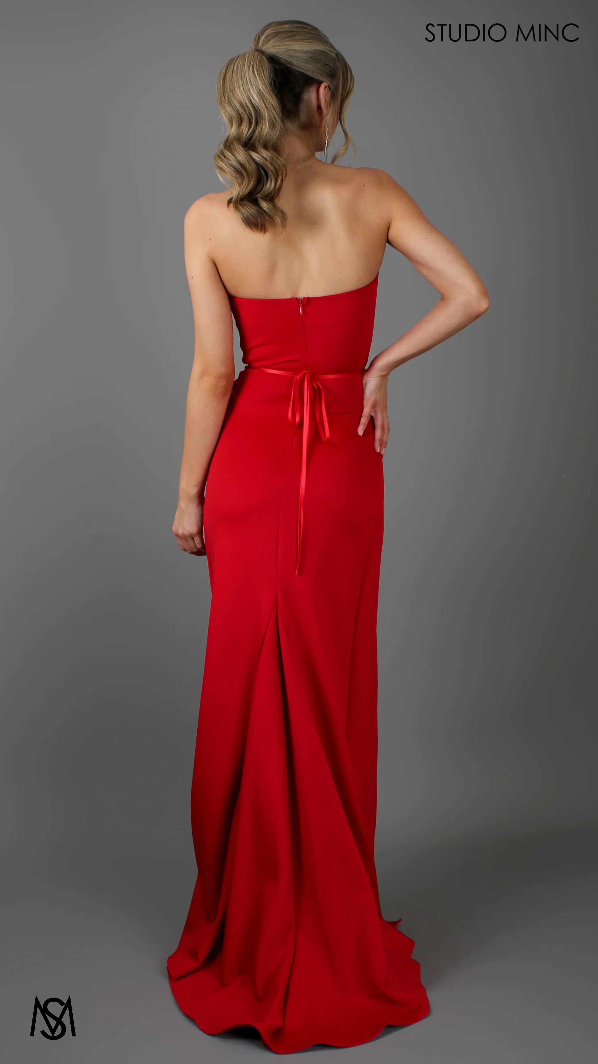 EGO - Red Strapless Formal Dress with Leg Split and Corset Bodice - Image 6