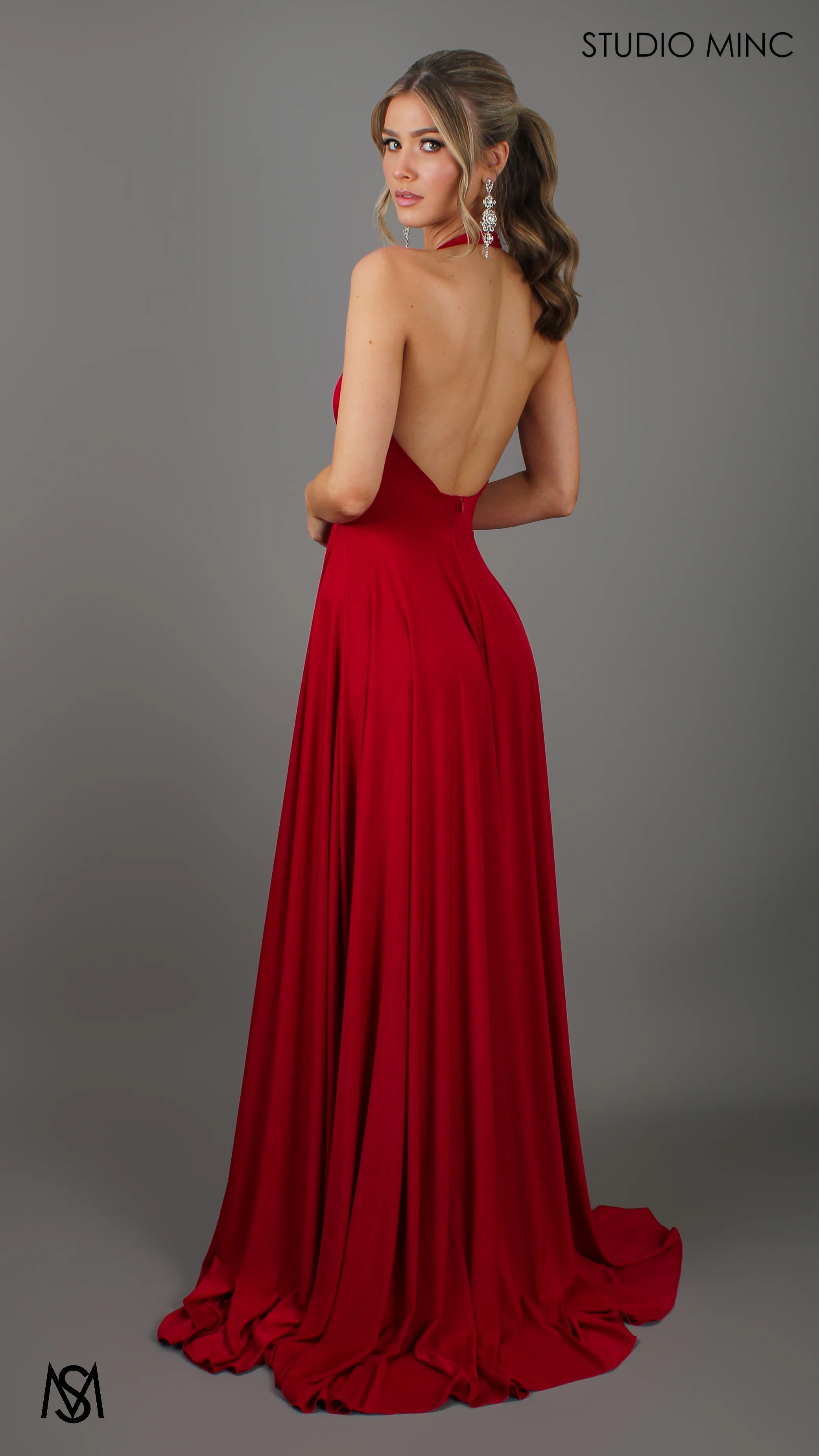 LOVE - Red Flowy Formal Dress with Plunge Neckline & Leg Split - Image 3