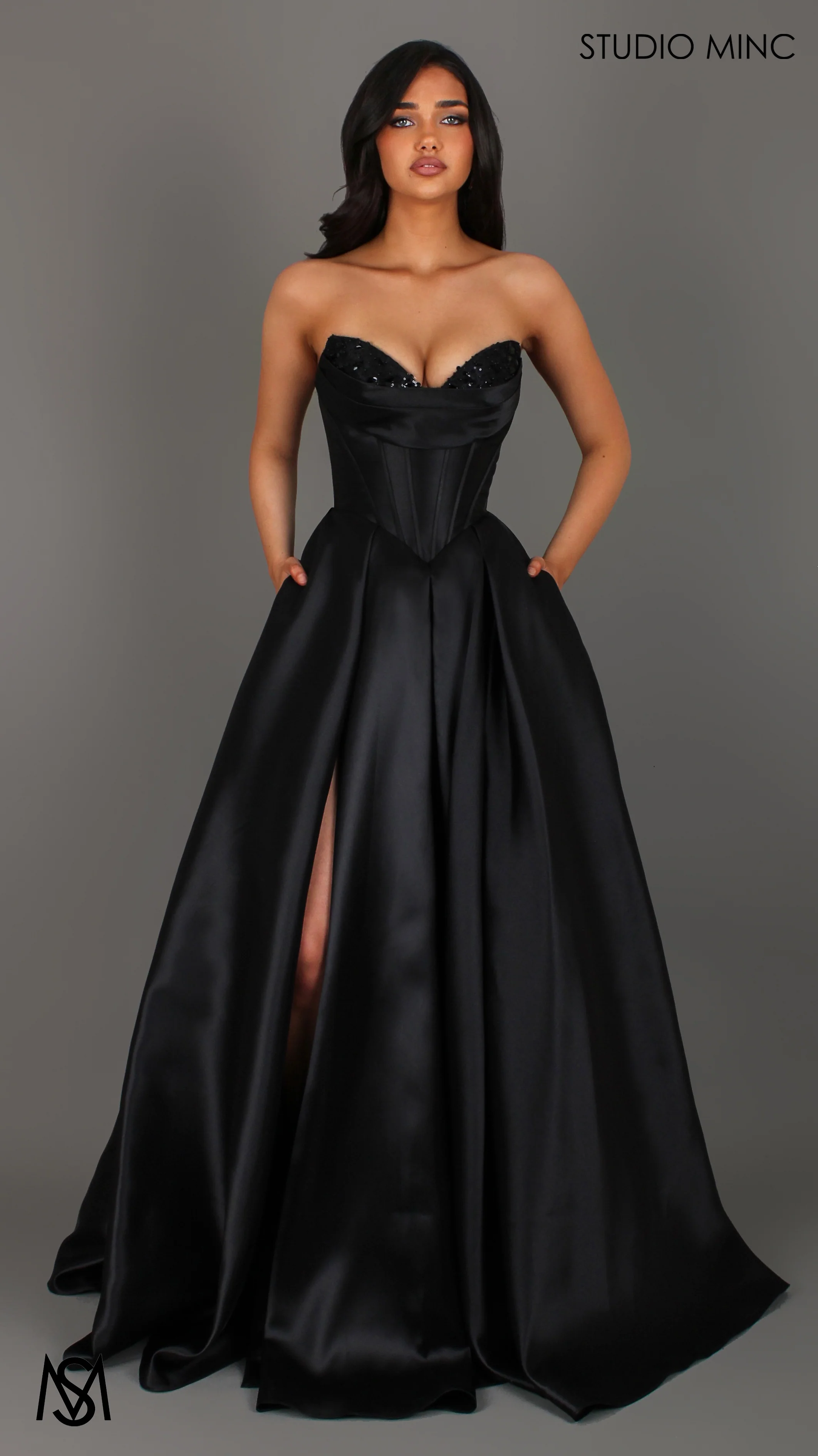 Reverie - Black Formal Dress, Strapless Corset Beaded Bra Cups, Satin Mikado Gown - Image 3