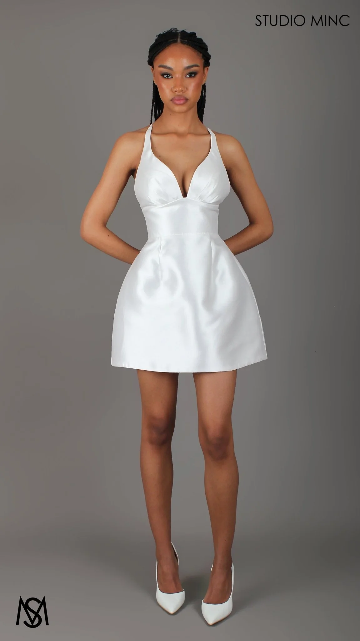Riviera Mini - Bridal Mini | White Satin V Plunge neckline Mini Bridal Party Dress - Image 3