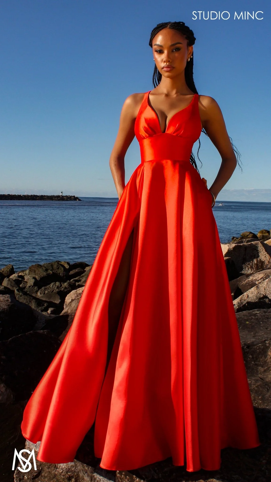 Riviera - Orange formal dress | V Plunge neckline, backless Satin Gown with Pockets and leg slit - Image 4