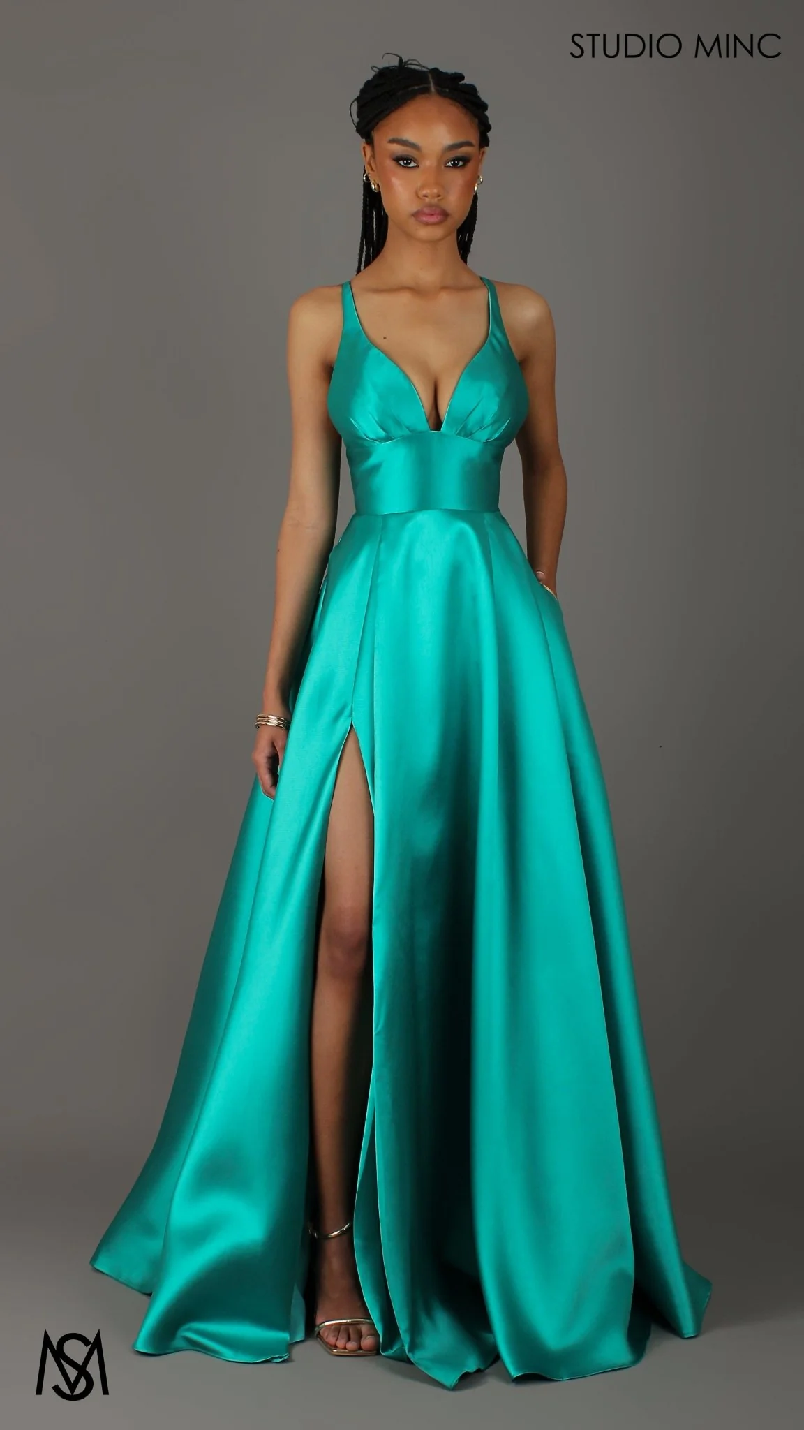 Riviera - Teal Green formal dress | V Plunge neckline, backless Satin Gown with Pockets and leg slit - Image 3