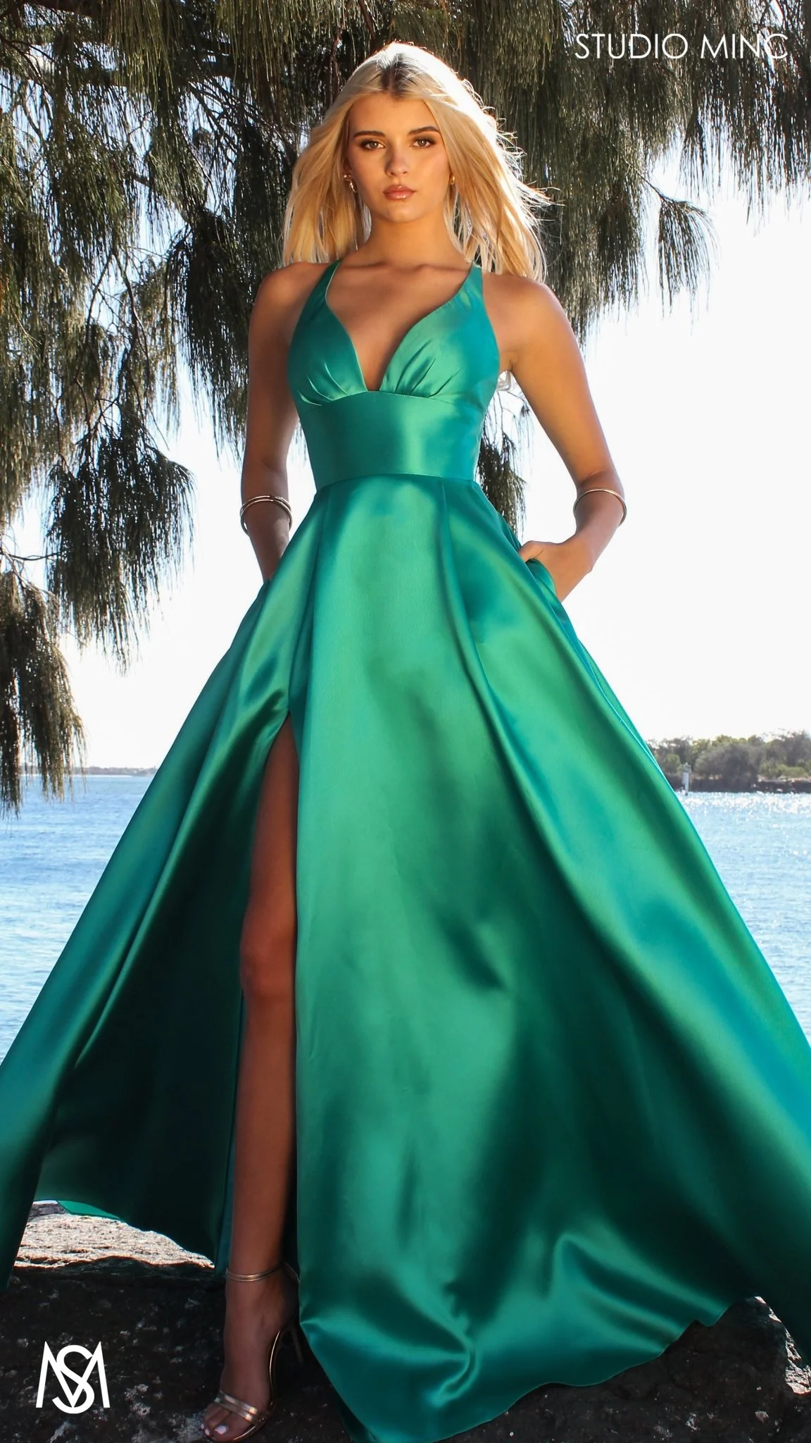 Riviera - Teal Green formal dress | V Plunge neckline, backless Satin Gown with Pockets and leg slit - Image 4