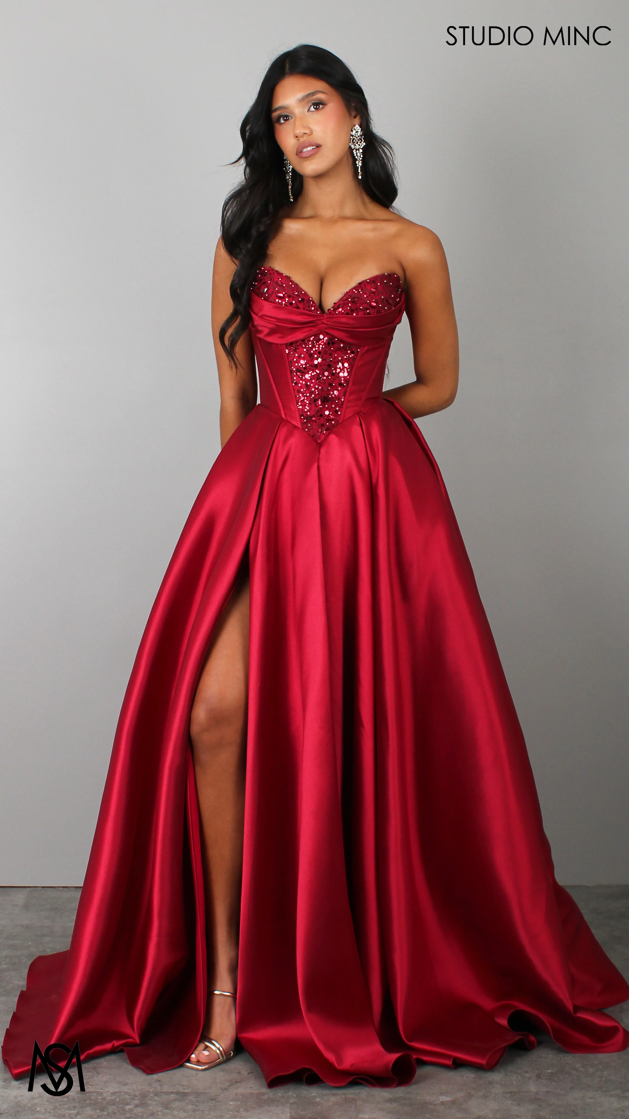 Royal - Cherry Deep Red Formal Dress, Strapless Corset Beaded bodice, Satin Mikado Gown - Image 2