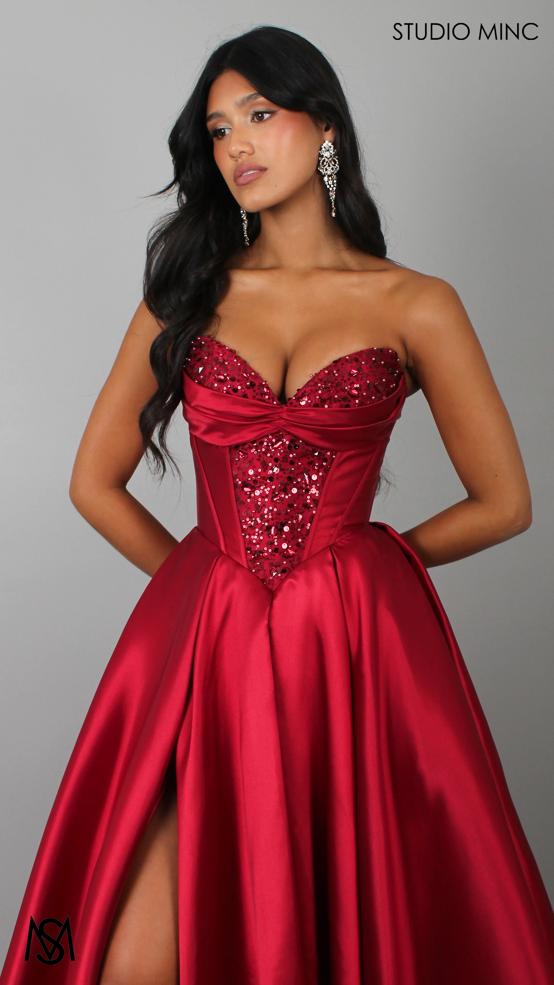 Royal - Cherry Deep Red Formal Dress, Strapless Corset Beaded bodice, Satin Mikado Gown - Image 3