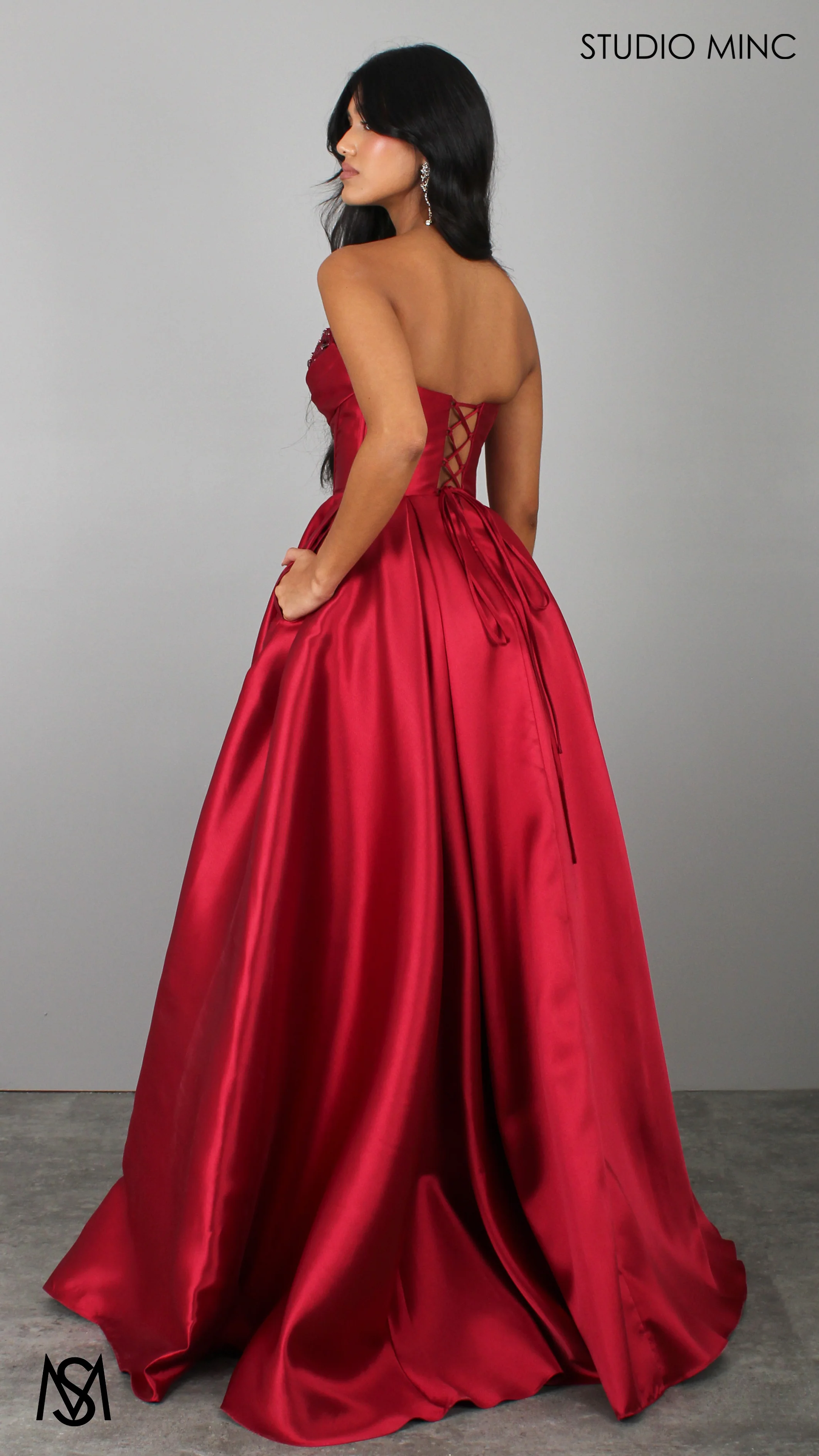 Royal - Cherry Deep Red Formal Dress, Strapless Corset Beaded bodice, Satin Mikado Gown - Image 4