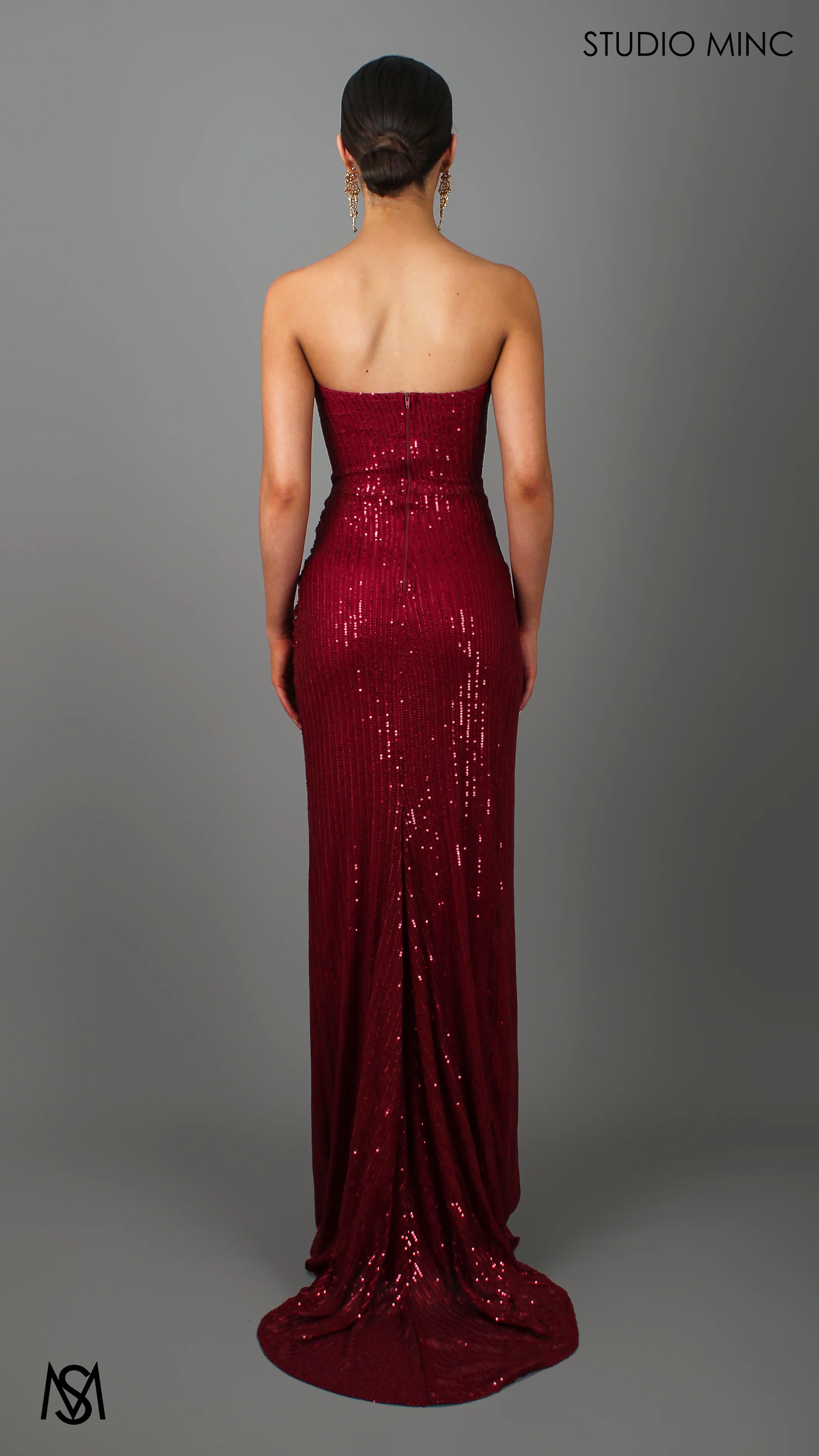MUSE - Ruby Red Sequin Formal Dress with Strapless Corset & Leg Split - Image 4