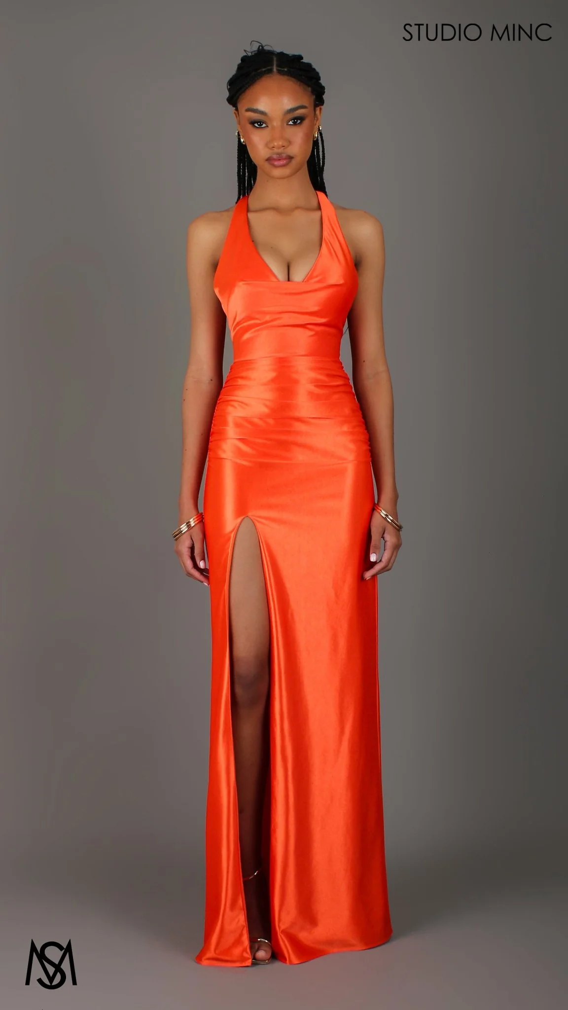 Sicily - Orange Formal Dress, Satin V Plunge neckline Cowl fitted backless leg slit - Image 3