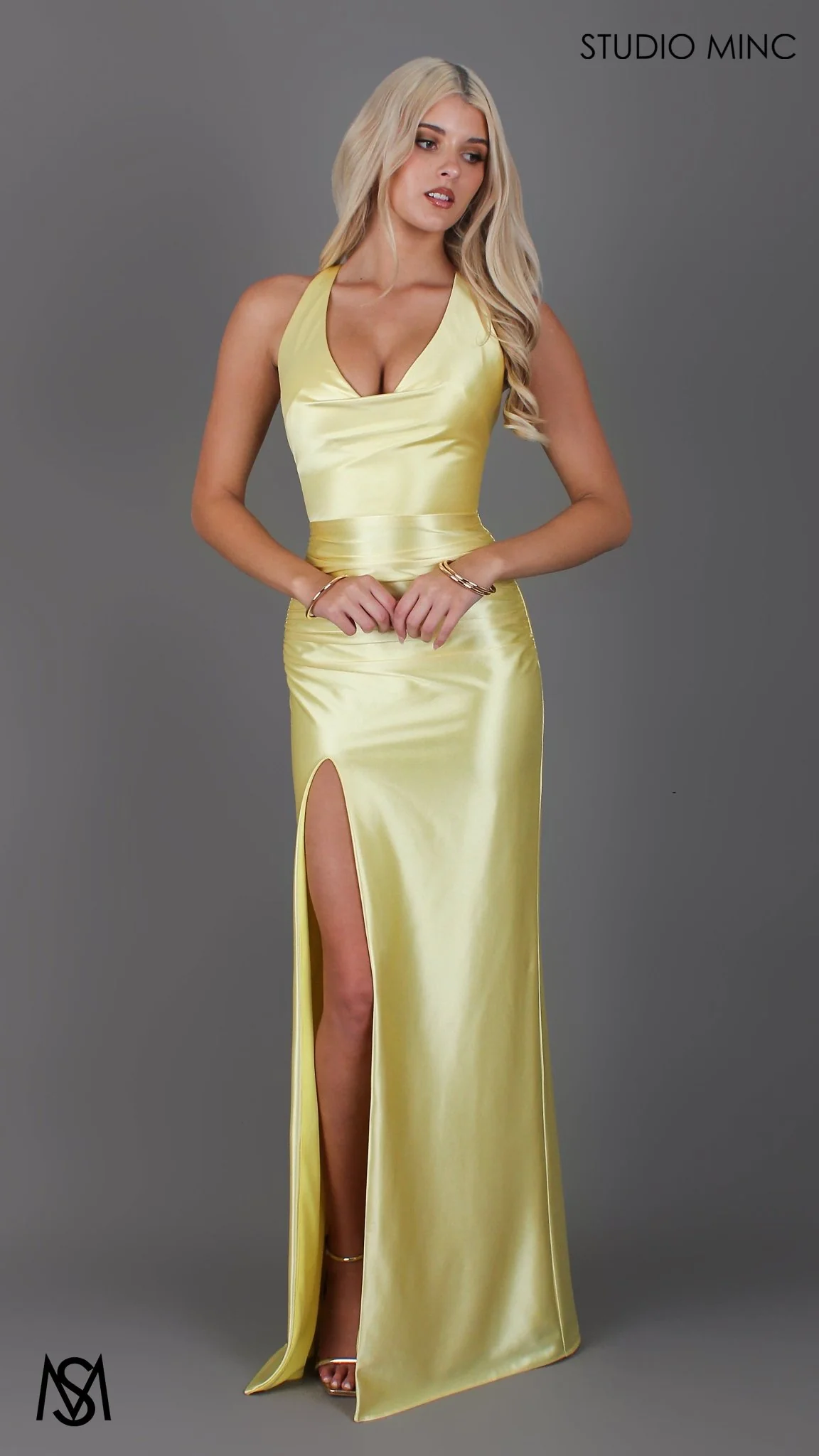 Sicily - Yellow Formal Dress, Satin V Plunge neckline Cowl fitted backless leg slit - Image 3