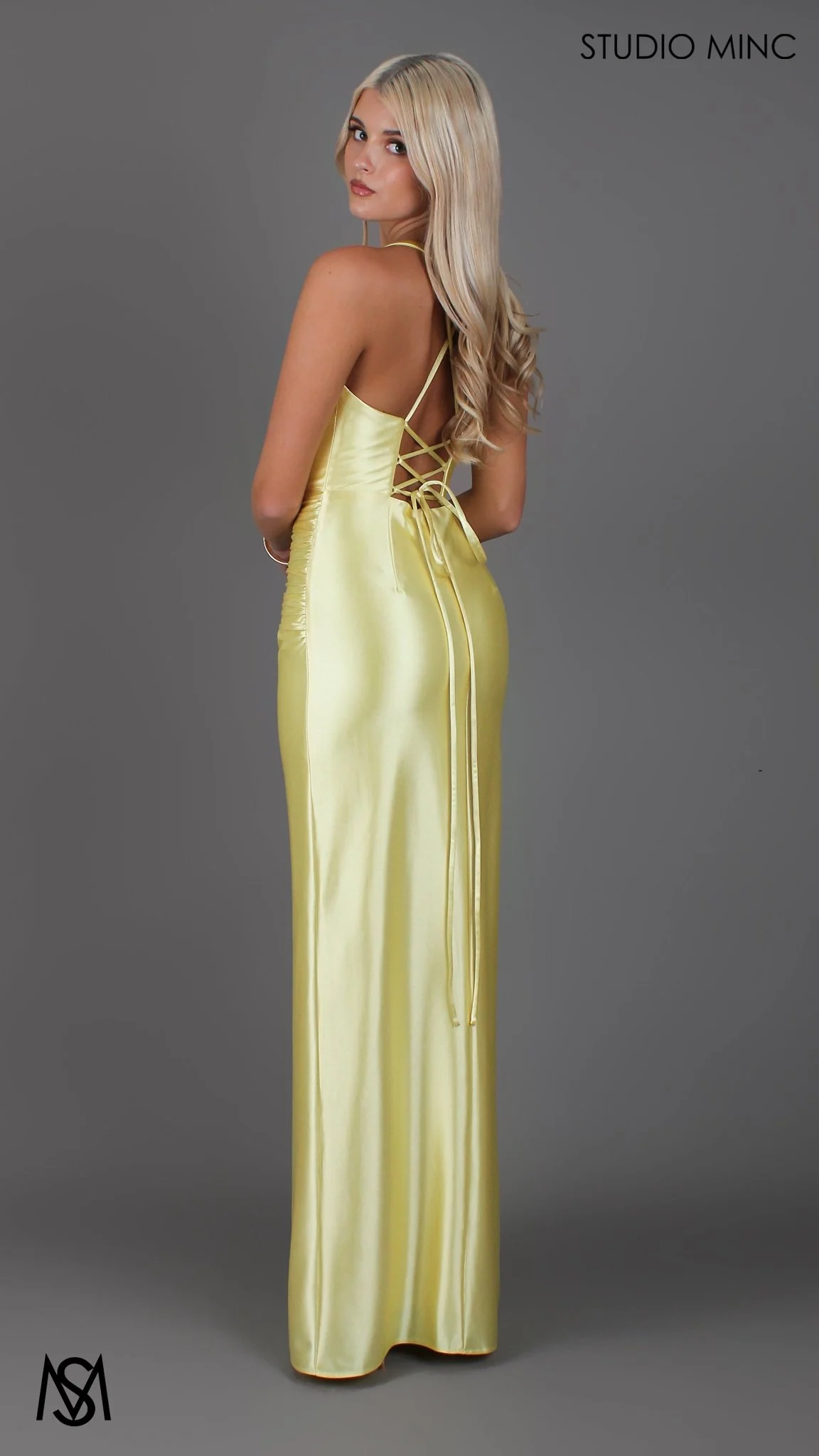 Sicily - Yellow Formal Dress, Satin V Plunge neckline Cowl fitted backless leg slit - Image 4