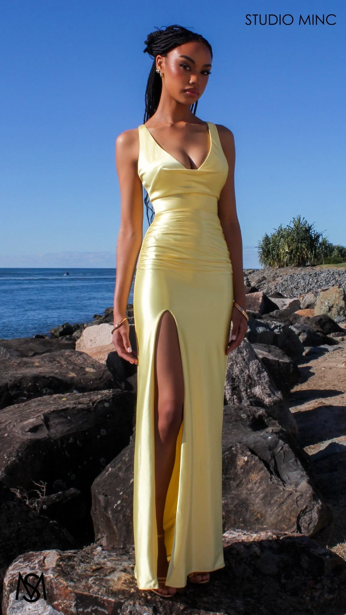 Sicily - Yellow Formal Dress, Satin V Plunge neckline Cowl fitted backless leg slit - Image 6