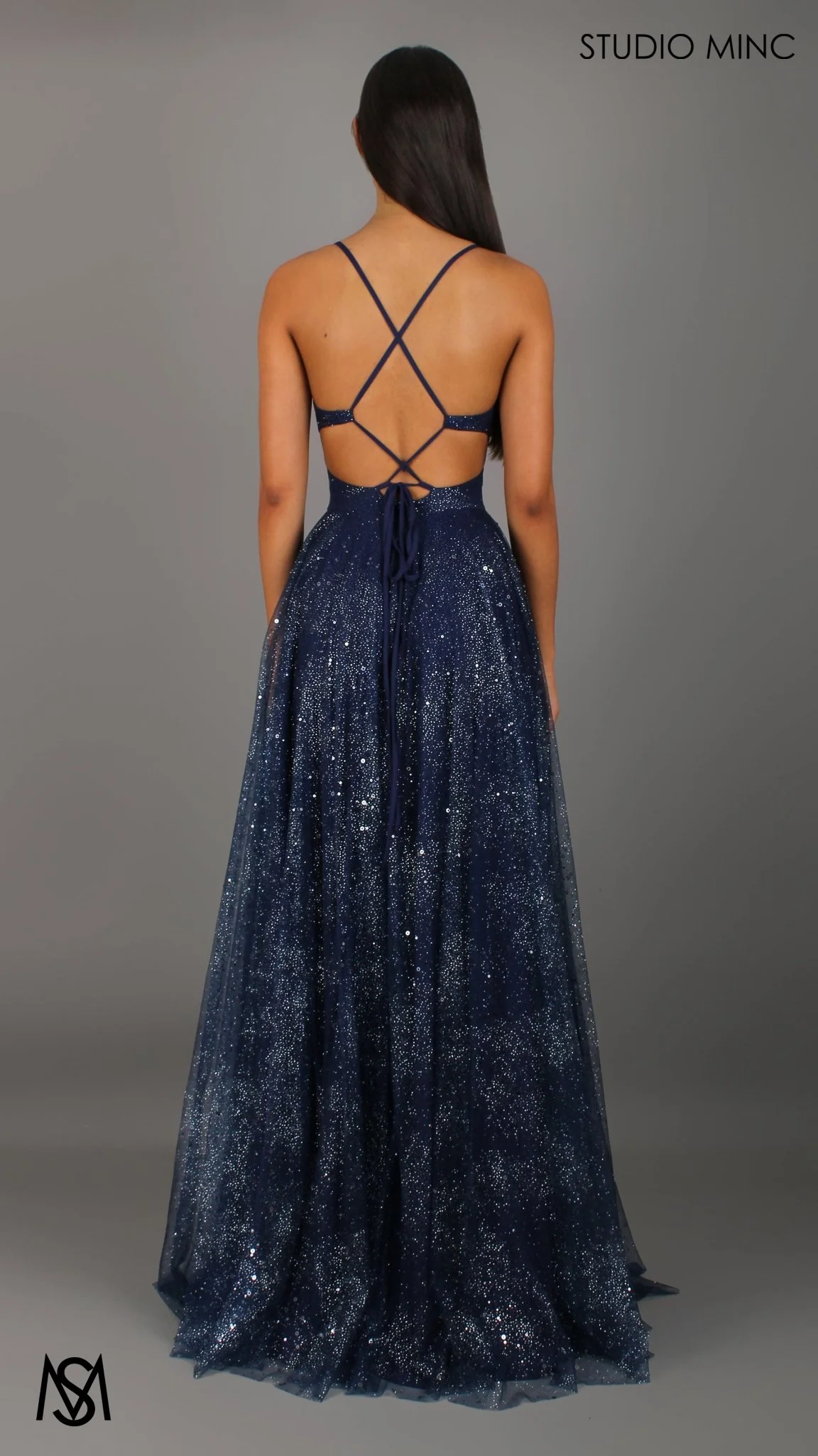 Stardust - Navy Blue formal dress | Glitter V neckline, backless, A-line Sparkle Gown - Image 3