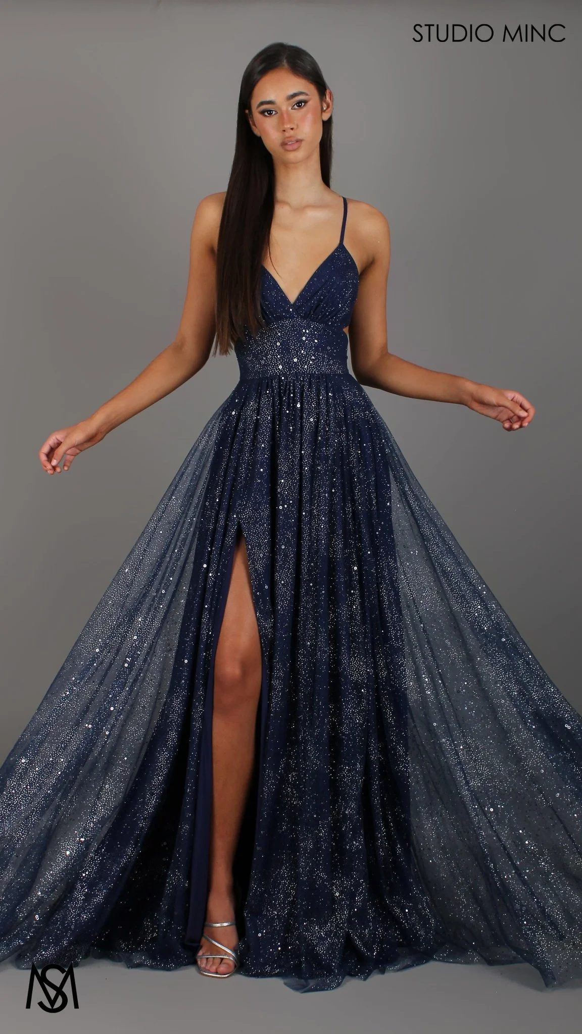 Stardust - Navy Blue formal dress | Glitter V neckline, backless, A-line Sparkle Gown - Image 4
