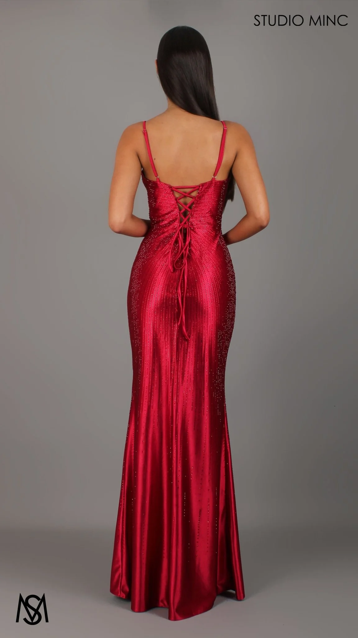 Stellar - Deep Red Formal Dress, Rhinestone V Plunge Neckline Fitted Mermaid Leg Slit - Image 2