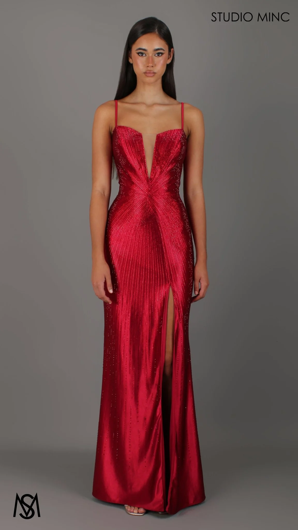 Stellar - Deep Red Formal Dress, Rhinestone V Plunge Neckline Fitted Mermaid Leg Slit - Image 3