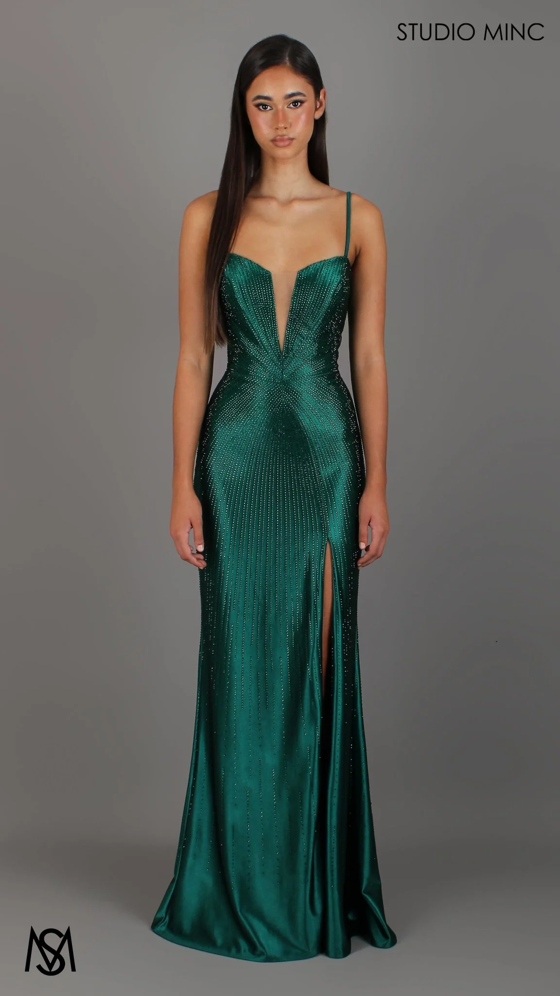 Stellar - Emerald Green Formal Dress, Rhinestone V Plunge Neckline Fitted Mermaid Leg Slit - Image 2