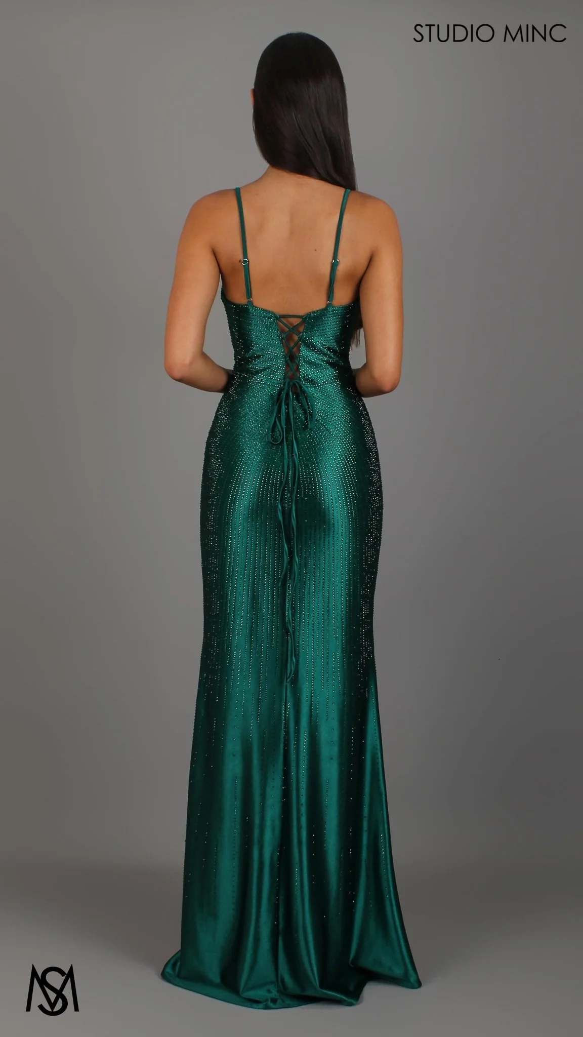 Stellar - Emerald Green Formal Dress, Rhinestone V Plunge Neckline Fitted Mermaid Leg Slit - Image 3