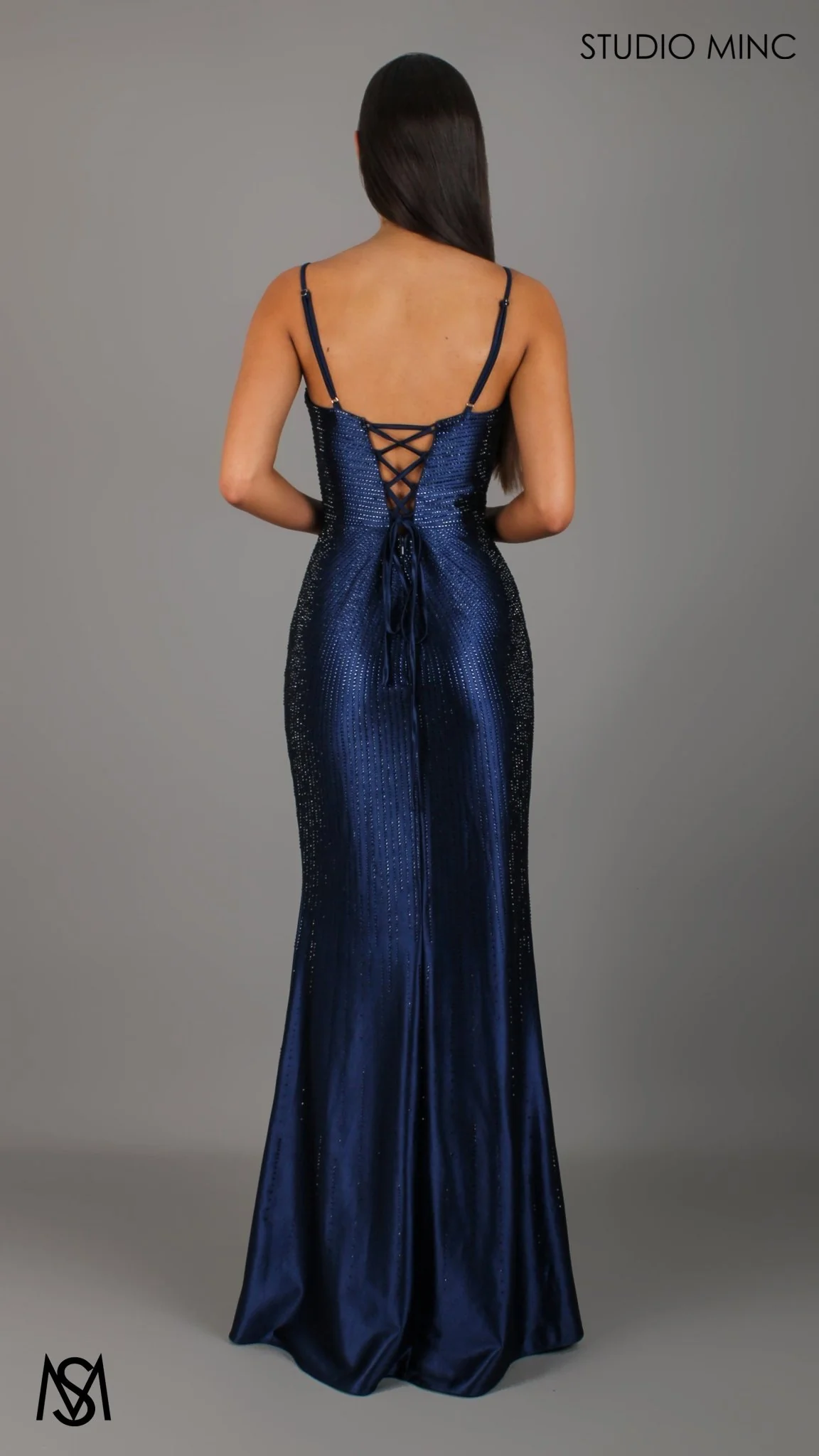 Stellar - Navy Blue Formal Dress, Rhinestone V Plunge Neckline Fitted Mermaid Leg Slit - Image 3