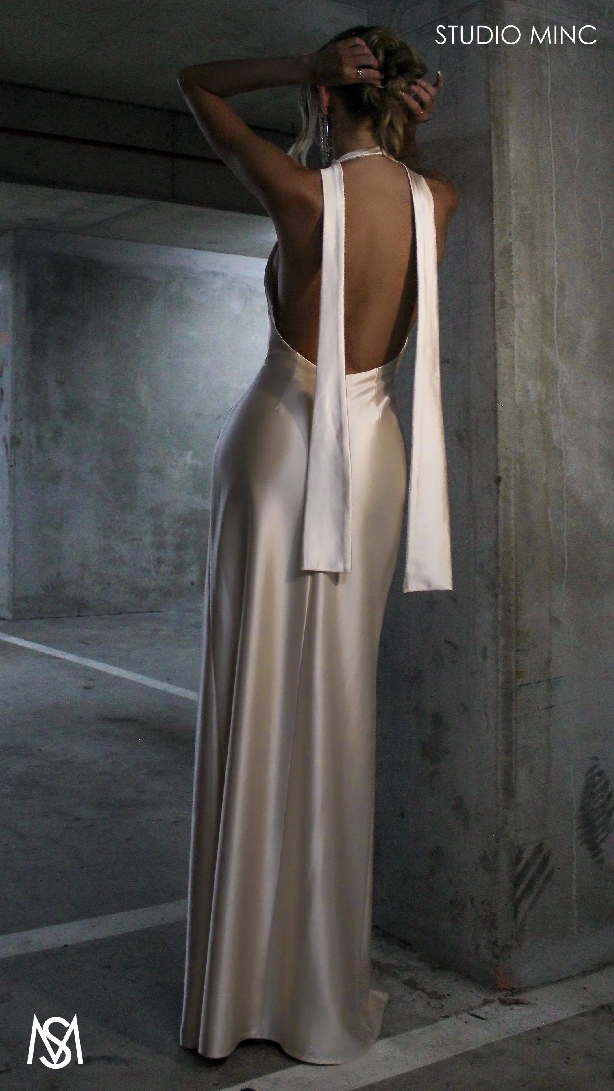 Suave - Champagne Gold Formal Dress, Halter Neck Cowl fitted backless leg slit with scarf - Image 5
