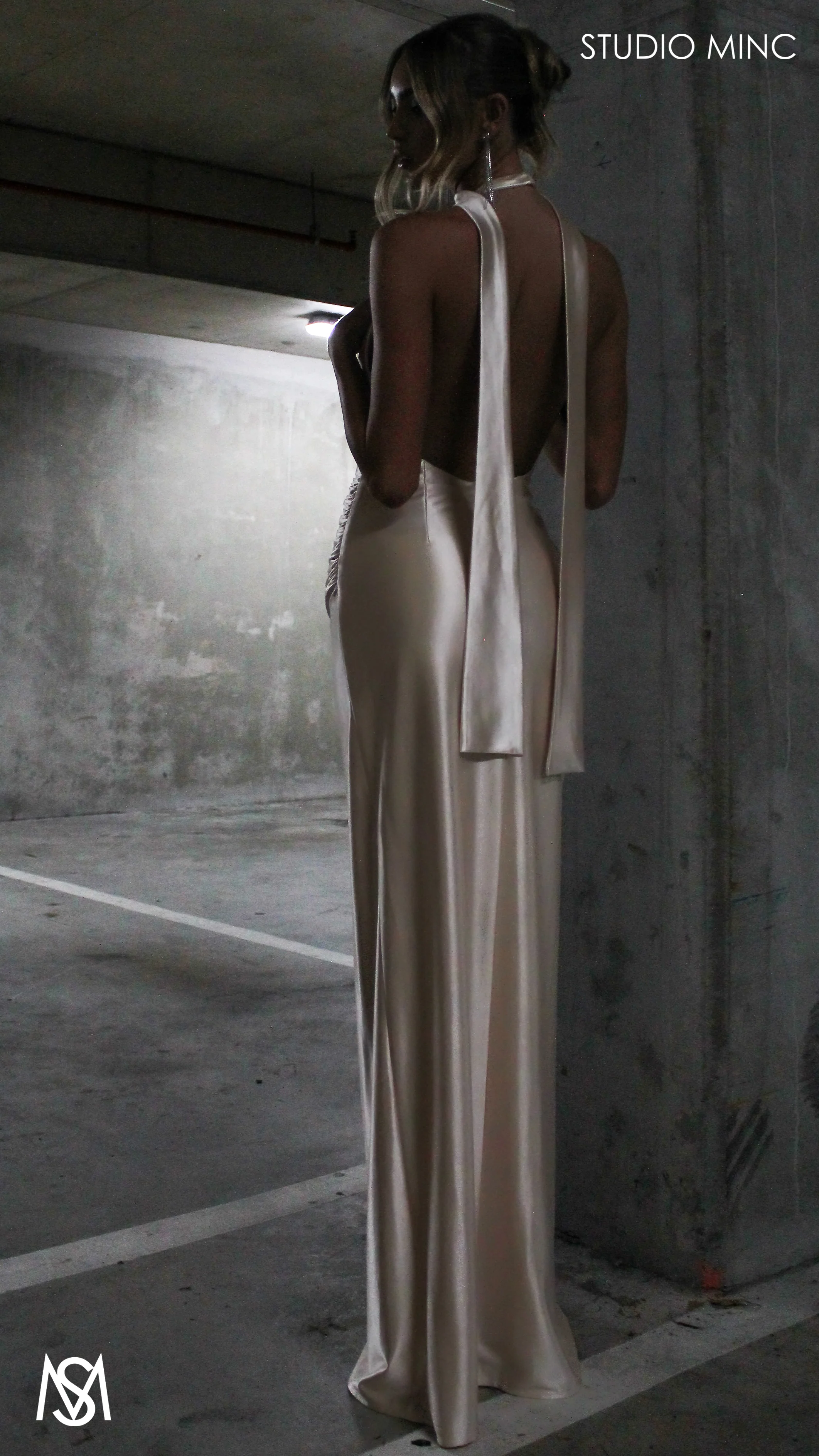 Suave - Champagne Gold Formal Dress, Halter Neck Cowl fitted backless leg slit with scarf - Image 7
