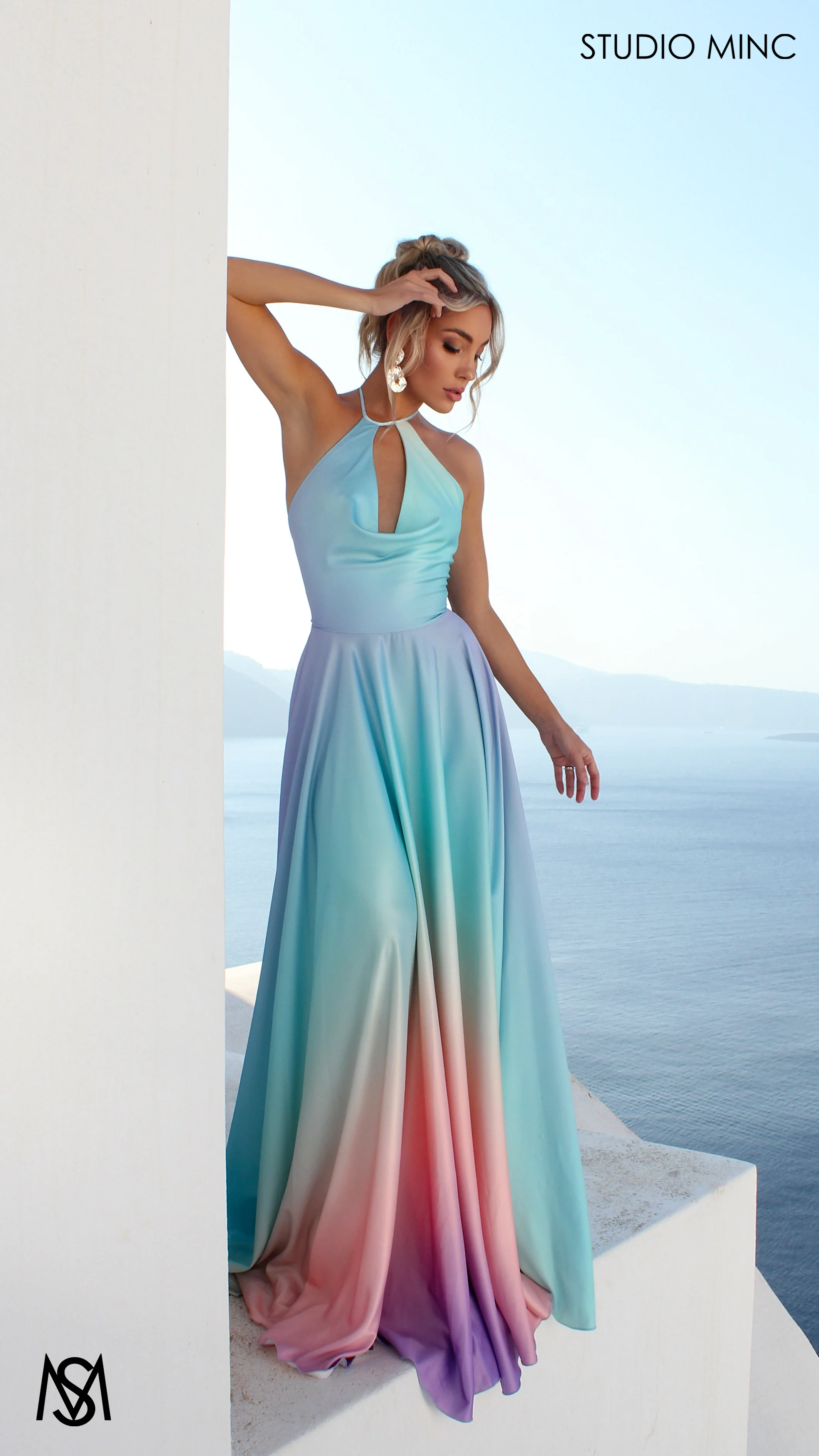 SUNSET BLUE - Blue Multi Colour Formal Dress, Satin High Neck Plunge & Backless - Image 5