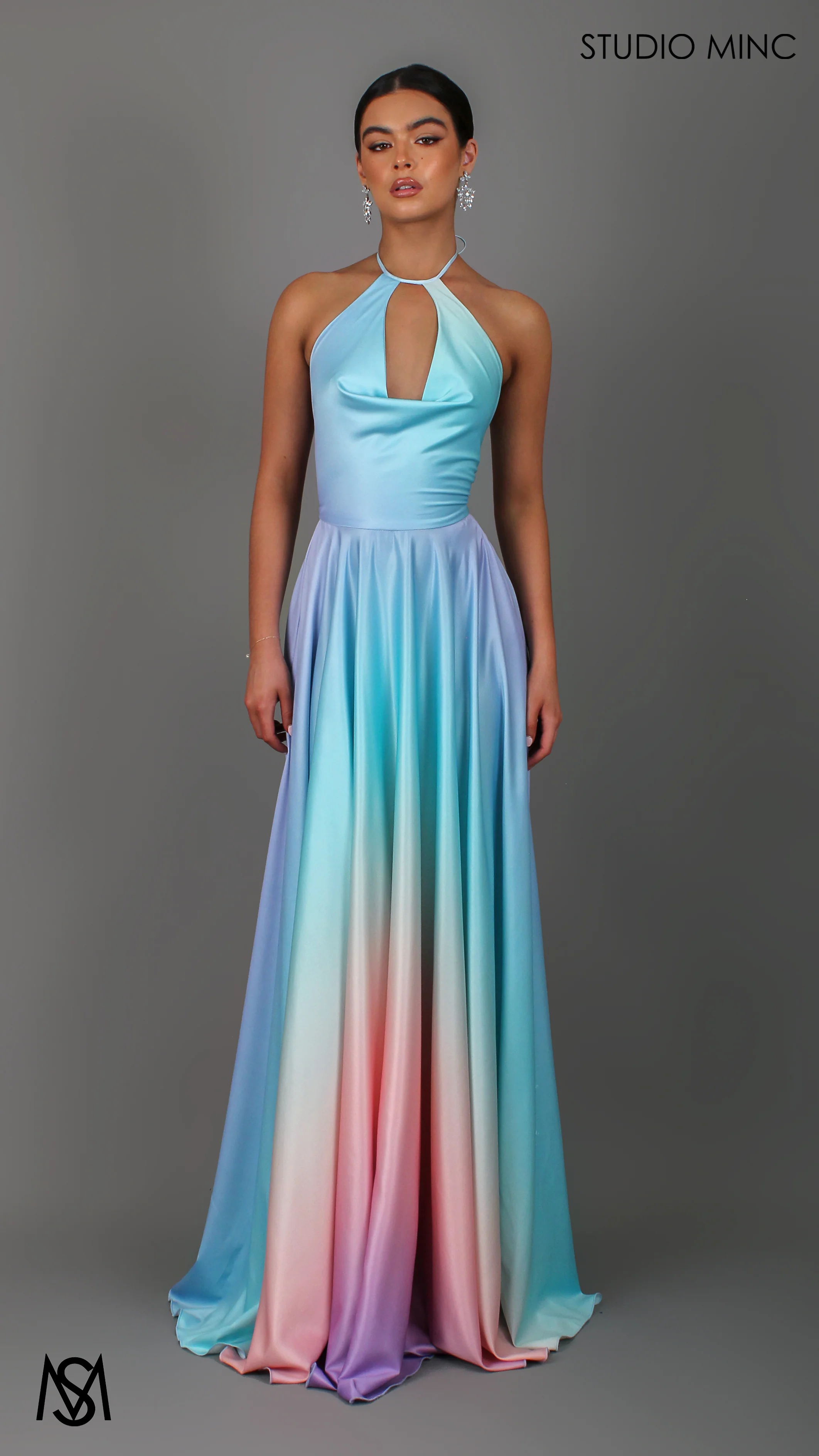 SUNSET BLUE - Blue Multi Colour Formal Dress, Satin High Neck Plunge & Backless - Image 6