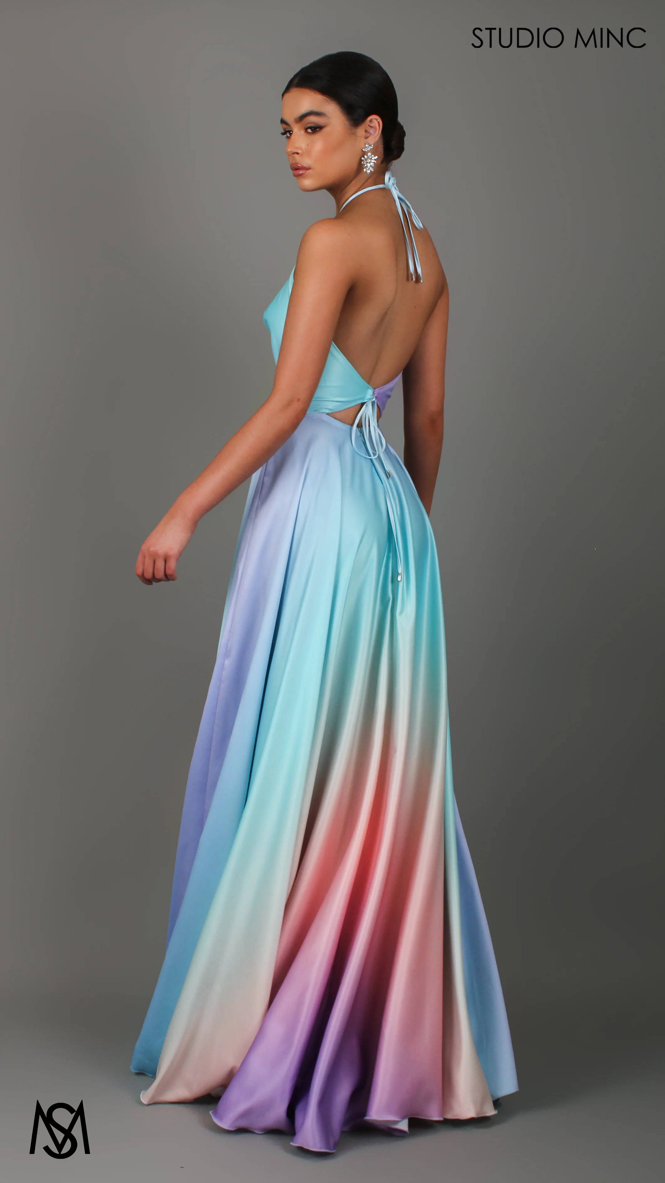 SUNSET BLUE - Blue Multi Colour Formal Dress, Satin High Neck Plunge & Backless - Image 7