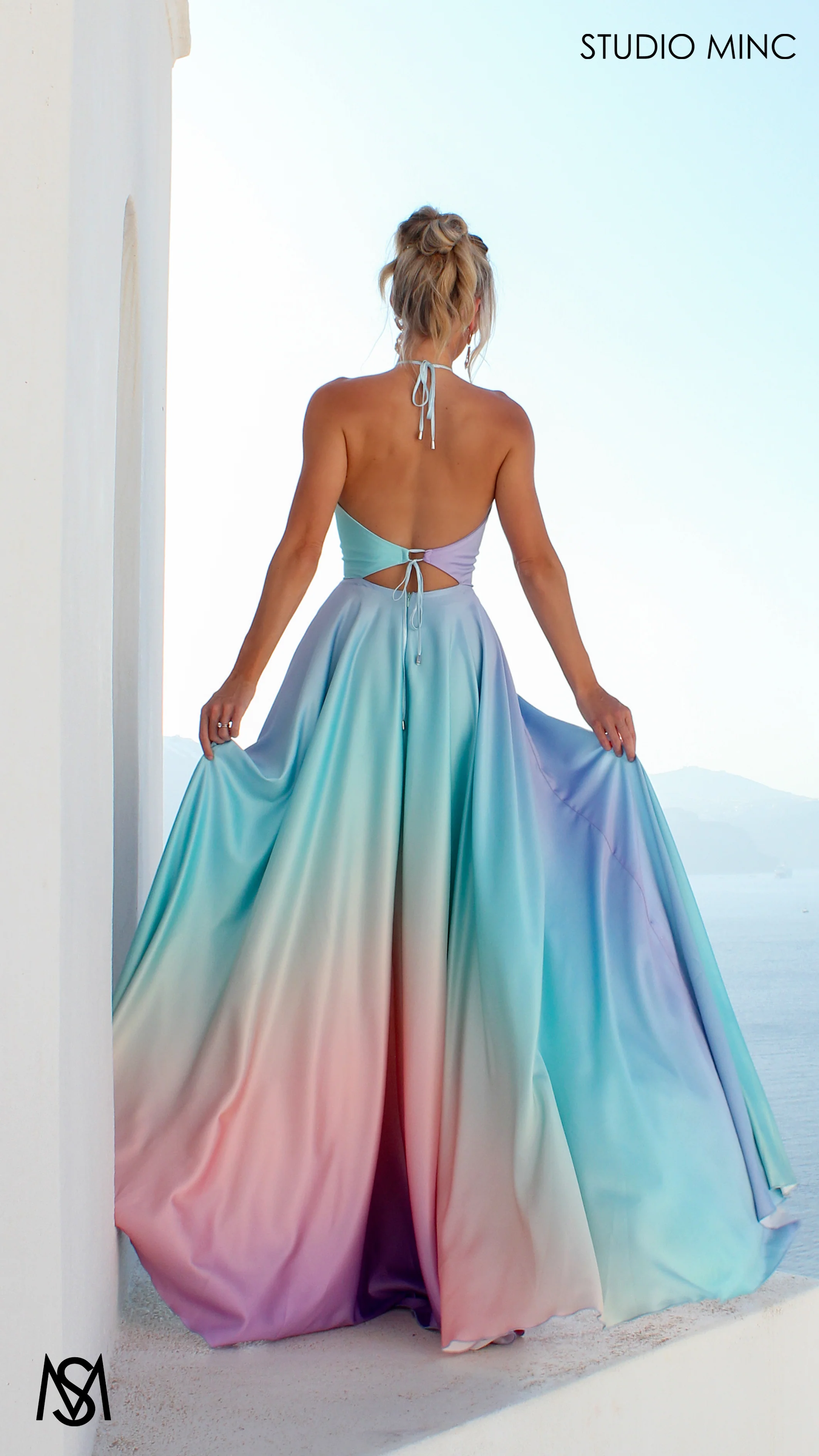 SUNSET BLUE - Blue Multi Colour Formal Dress, Satin High Neck Plunge & Backless - Image 9