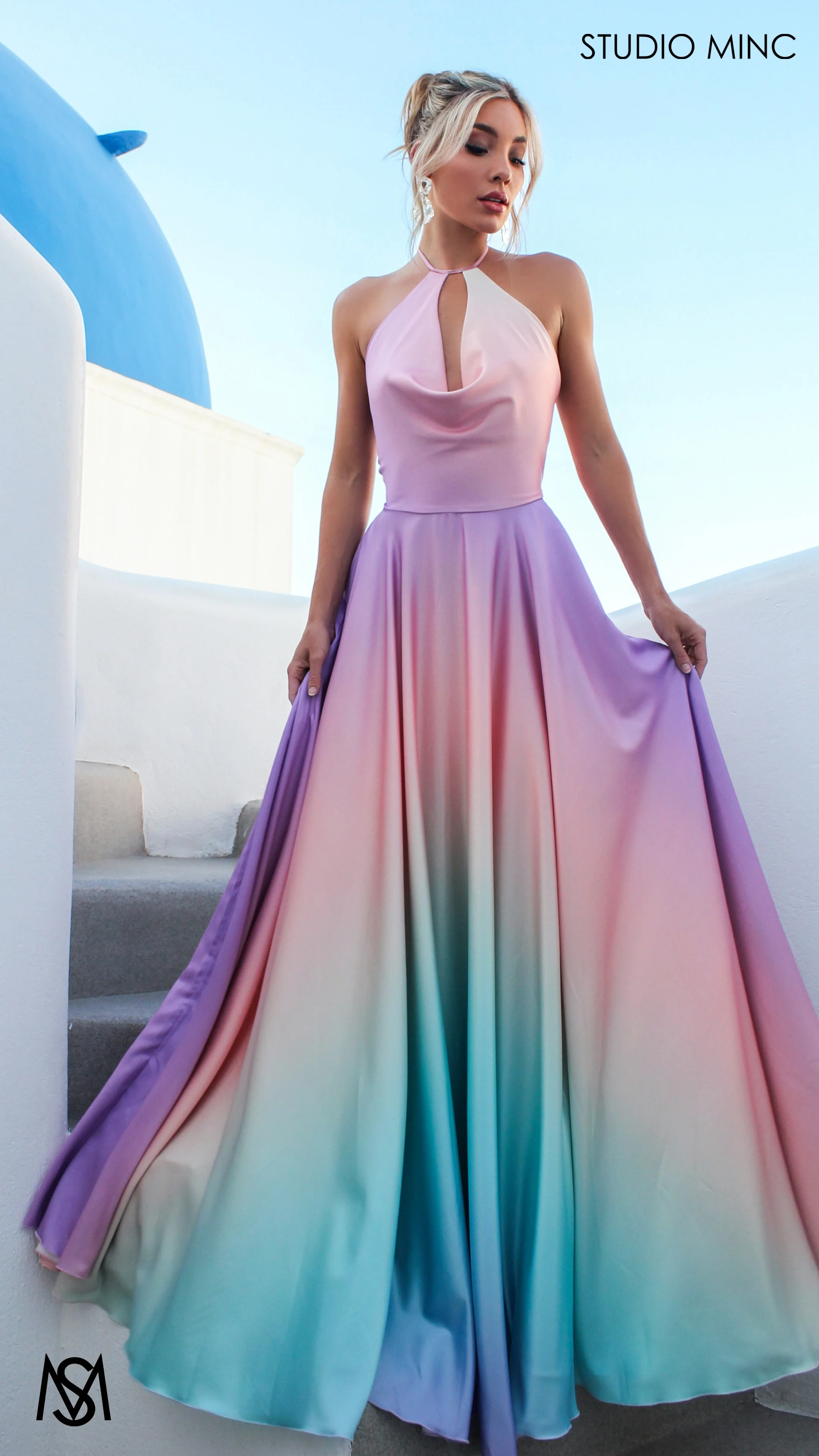 SUNSET PINK - Multi Colour pink Formal Dress, Satin High Neck Plunge & Backless - Image 7