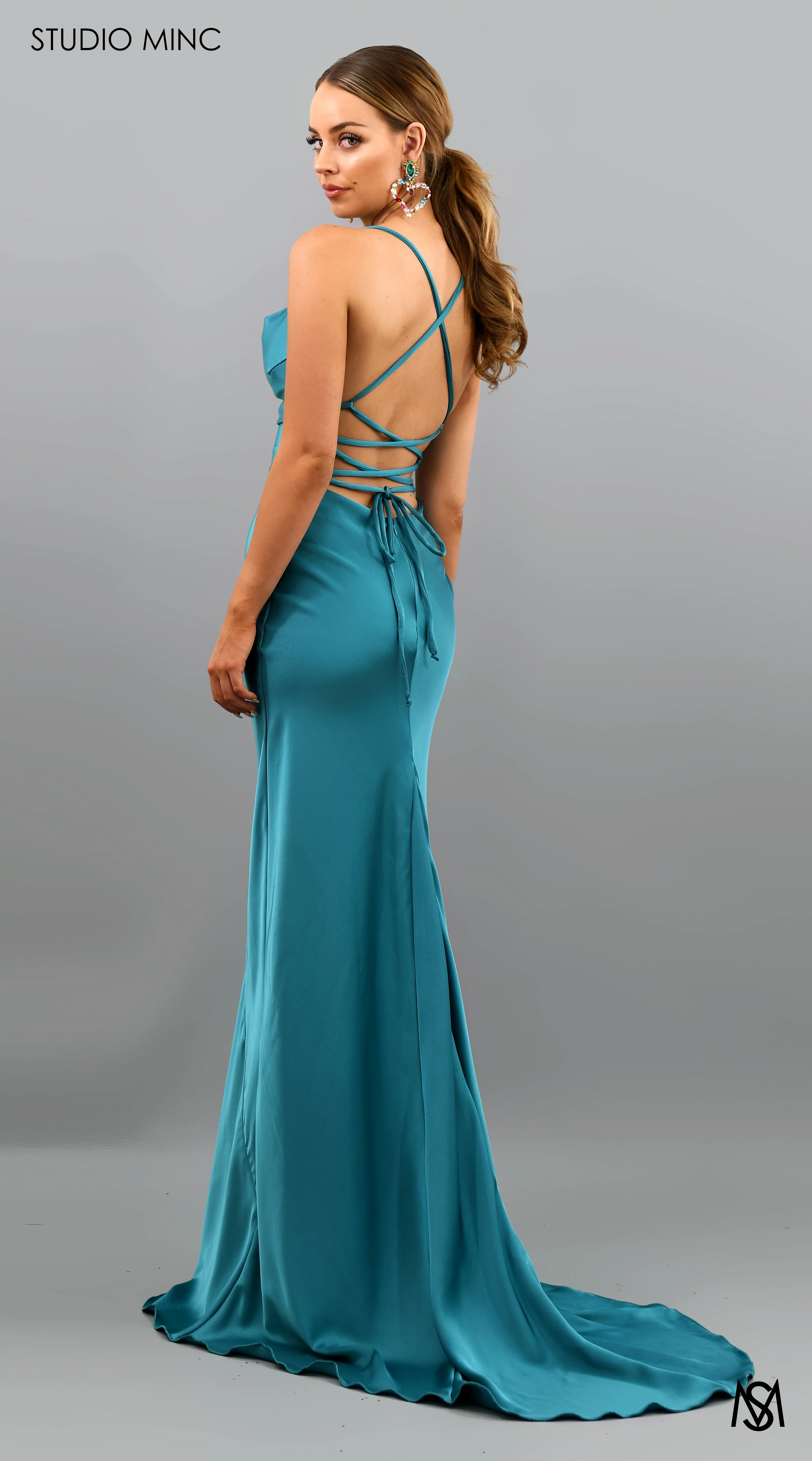 ESSENCE - Turquoise Satin Formal Dress with Backless Lace Up - Image 3