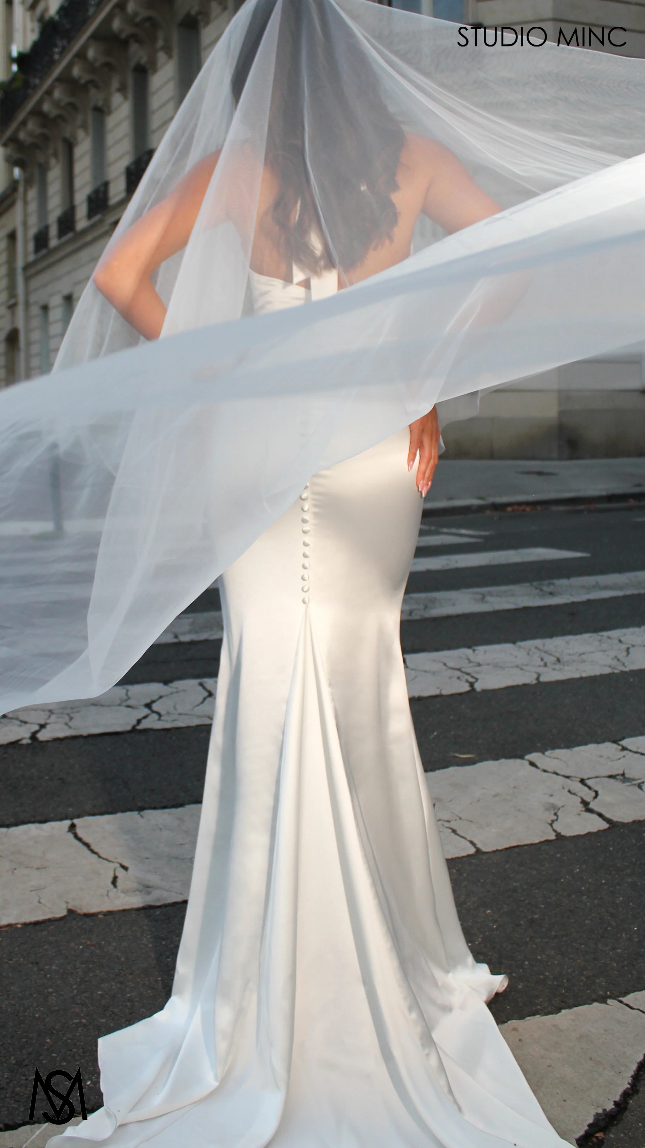 Voila - Wedding Dress, Simple Satin Cowl Plunge halter fitted silhouette buttons - Image 15
