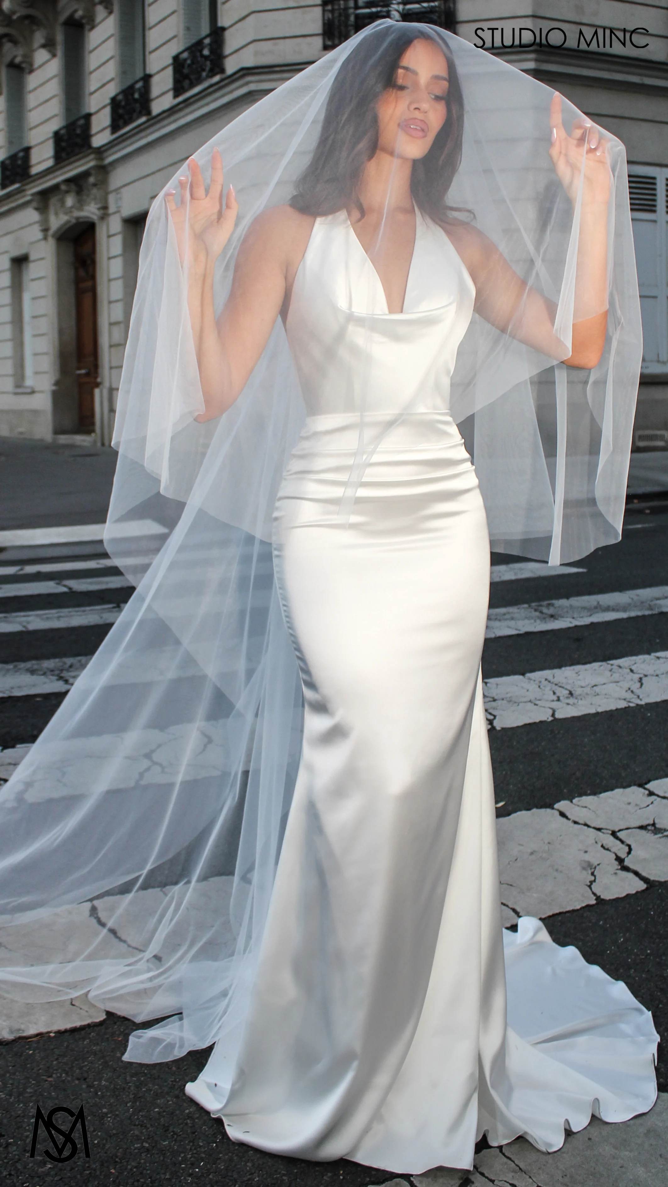 Voila - Wedding Dress, Simple Satin Cowl Plunge halter fitted silhouette buttons - Image 6