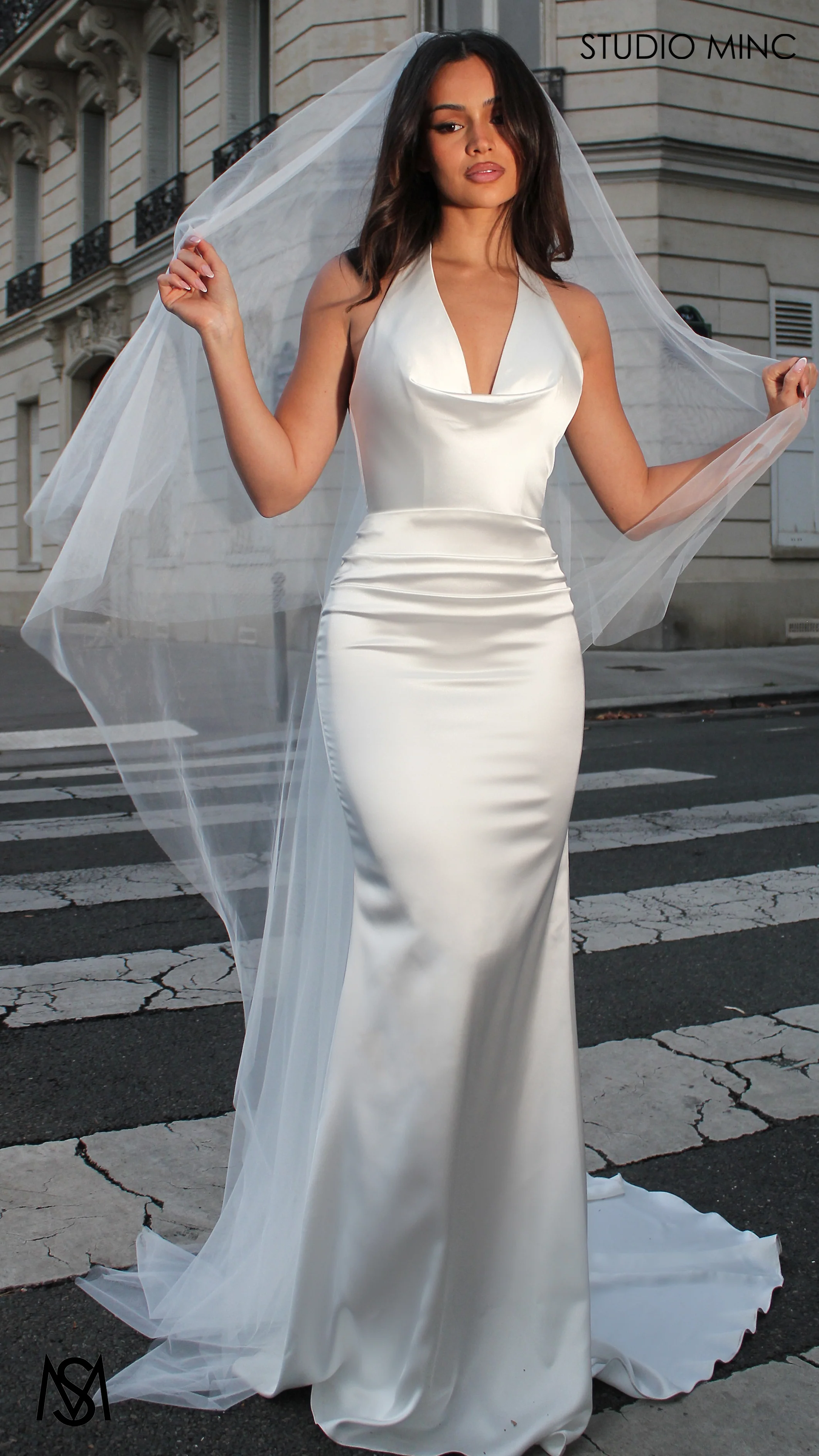 Voila - Wedding Dress, Simple Satin Cowl Plunge halter fitted silhouette buttons - Image 7