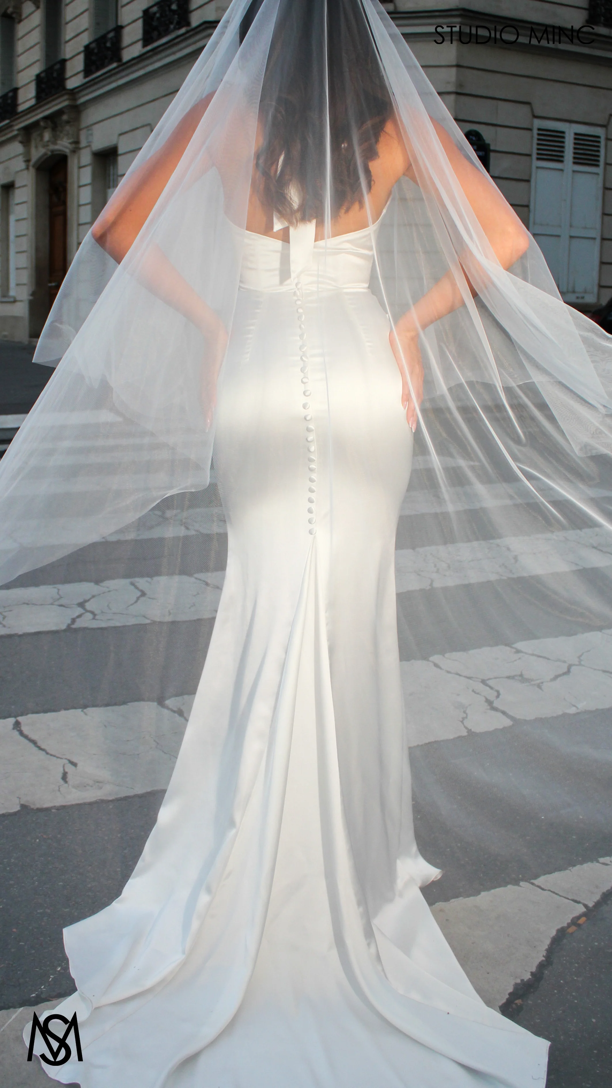 Voila - Wedding Dress, Simple Satin Cowl Plunge halter fitted silhouette buttons - Image 8