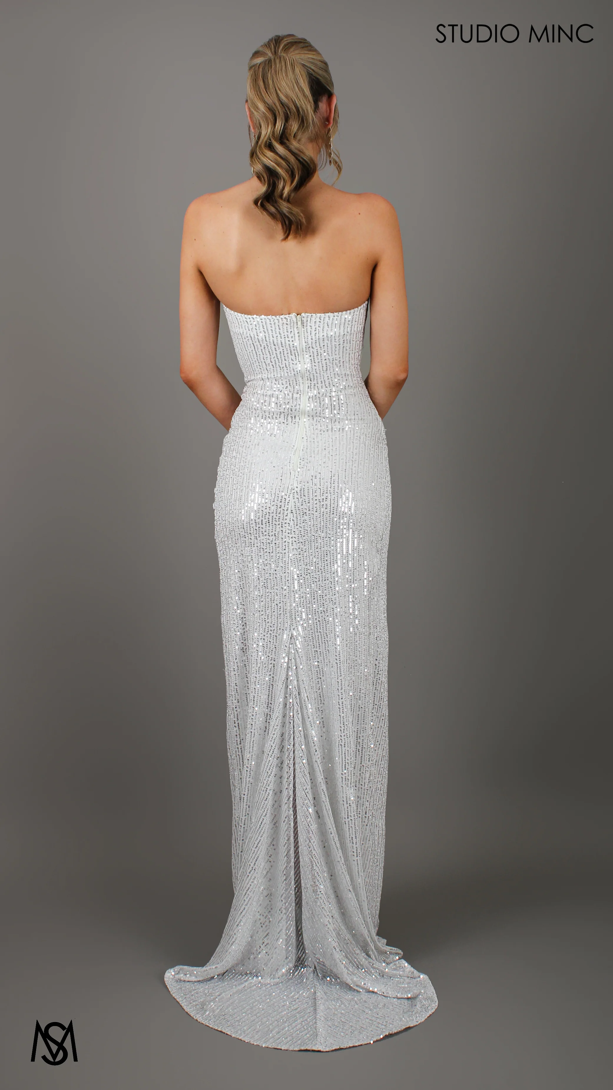 MUSE - White Sequin Formal Dress with Strapless Corset & Leg Split - Image 3